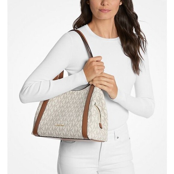 NWT Michael Kors Rosemary Large Signature Logo Shoulder Bag Vanilla/Luggage - Picture 2 of 15
